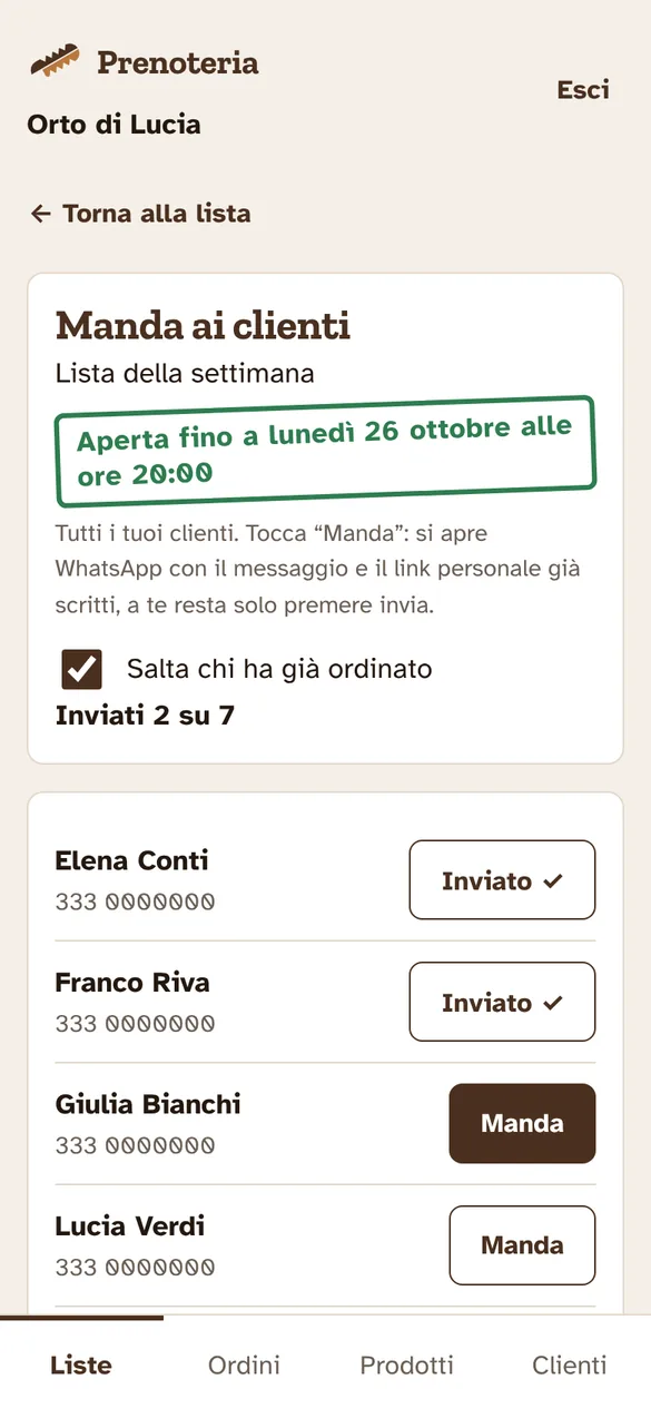 L’invio guidato: l’elenco dei clienti con il pulsante Manda e quelli già avvisati segnati come inviati